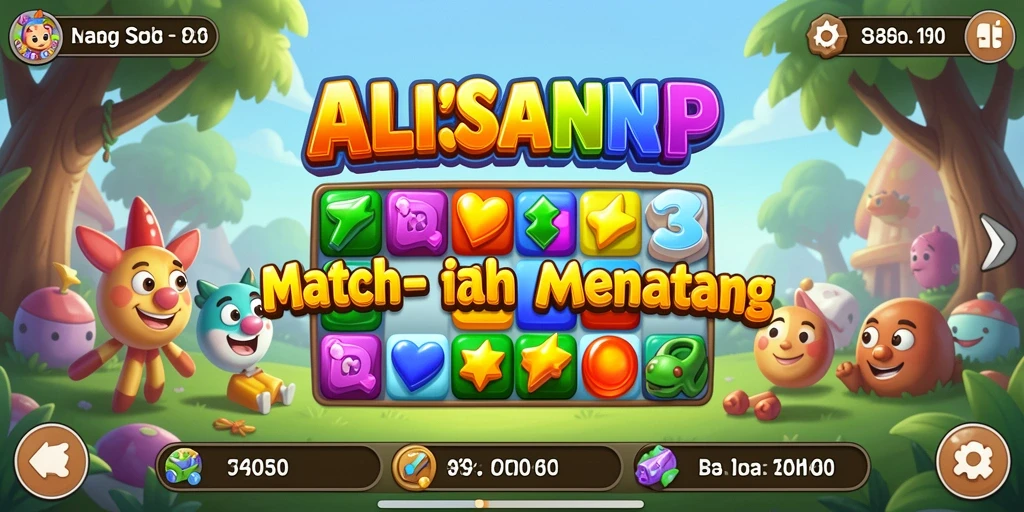 Tampilan dinamis gameplay Match-3 ALISANRP yang penuh warna.