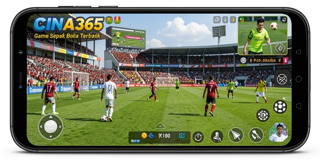Tangkapan layar utama CINA365 menampilkan aksi bermain sepak bola yang seru.