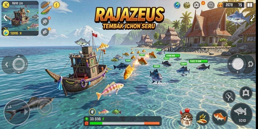 Screenshot gameplay RAJAZEUS menampilkan aksi seru menembak ikan.