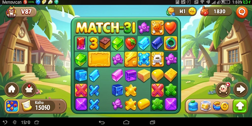 Screenshot V87 menampilkan gameplay seru dalam mencocokkan item.